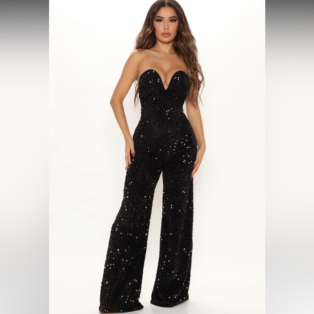 Strapless Sequin Jumpsuit - Black